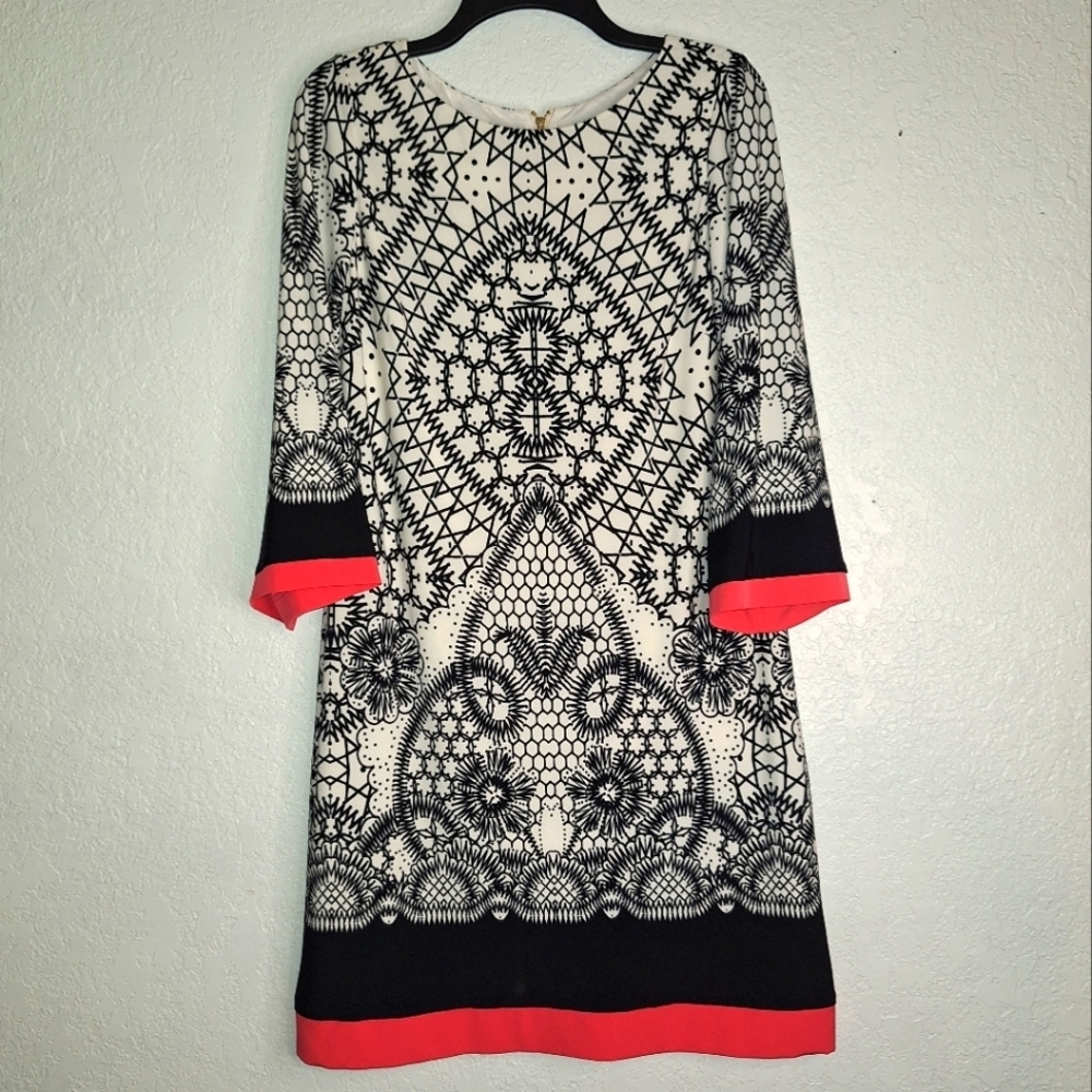 Eliza J Black White Coral Stretch Shift Back Zip Dress Size 8